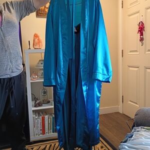 Satin Open-Front Long Jacket in Teal